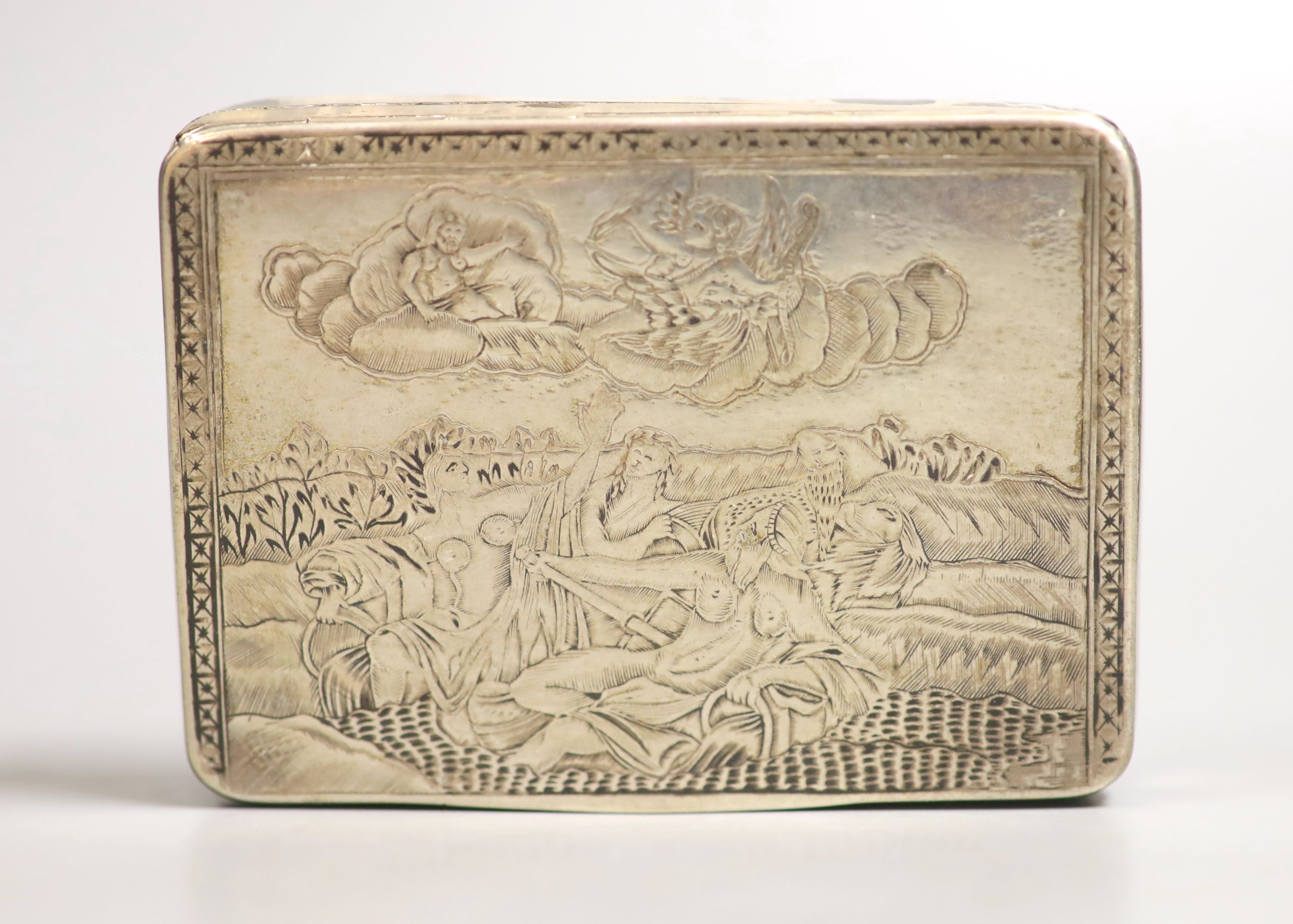 A late 19th/early 20th century Russian silver snuff box, 87mm, 100 grams, (a.f.).